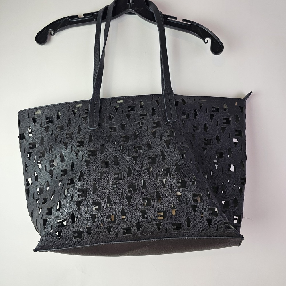 Love Zero Negative Womens Vegan Leather Zip Closure Lasercut Tote Bag Black Used